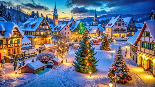 A picturesque Christmas town covered in snow with colorful lights and decorations , Christmas, town, holiday, winter, festive, lights, decorations, snow, village, quaint, charming, rural