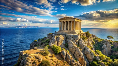 Ancient Greek temple perched on rocky cliff above sea in bright daylight , Greece, ancient, temple, cliff, sea, ocean, bright, sunlight, sunny, architecture, historical, landmark