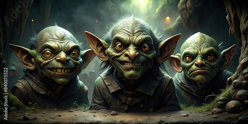 Dark and eerie image of mischievous goblins lurking in shadowy corners , goblins, shadow, lurking, mischief, dark, mysterious, fantasy, creatures, mythical, eerie, spooky, shadows, hiding
