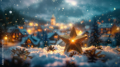 Golden Christmas star shining brightly against a snowy village backdrop
