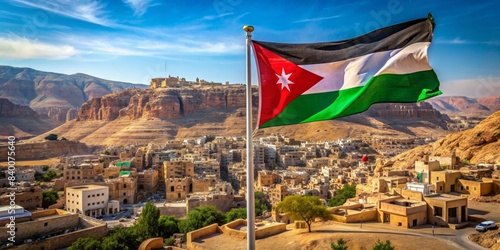 Jordan flag waving with Petra and Jordan city in the background, Jordan, flag, waving, wind, Petra, Jordan city