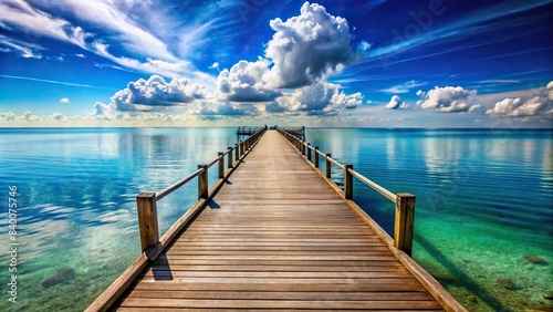A serene scene of a wooden pier stretching out into the ocean under clear blue skies , swimming, ocean, pier, wooden, sunny, daylight, tranquil, peaceful, tranquil, serene, waterscape