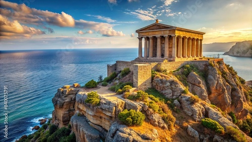 Ancient Greek temple perched on rocky cliff above sea in bright daylight , Greece, ancient, temple, cliff, sea, ocean, bright, sunlight, sunny, architecture, historical, landmark
