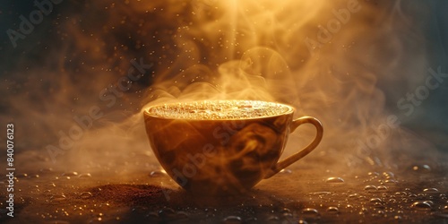 A vibrant image of a hot cup of coffee, deep, fragrant, enveloped in swirls of vapor, evoking a welcoming and snug atmosphere, taken on a wet day, with gentle, scattered illumination