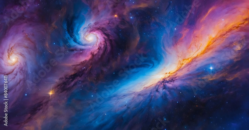 Vibrant cosmic nebula swirling with blue, purple, and gold hues, perfect for sci-fi, fantasy, or spiritual themes.