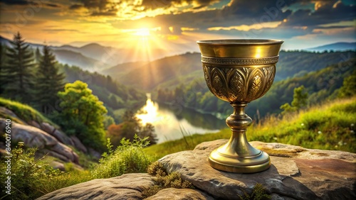 A serene landscape with an ancient chalice, symbolizing the quest for the Holy Grail , journey, adventure, exploration, sacred, mystical, ancient, quest, discovery, spirituality, relic
