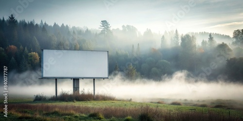 A dense fog enveloping a serene landscape with a blank advertising board visible , fog, landscape, serene, peaceful, misty, blank, advertising, board, weather, eerie, nature, tranquility, mist