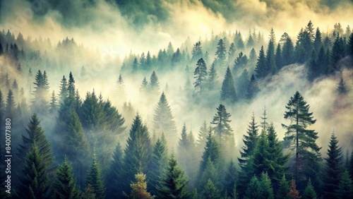 Misty landscape featuring a fir forest in a hipster vintage retro style, misty, landscape, fir forest, hipster, vintage, retro