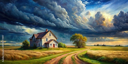 Impasto oil painting of a moody farmhouse vintage landscape with a dramatic sky and rolling field , impasto, oil painting, vintage, farmhouse, landscape, moody, sky, field, wall art