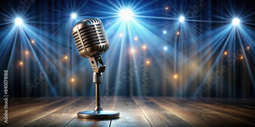 Vintage microphone standing on stage under the spotlight , retro, music, performance, entertainment, sound, classic, nostalgia, old-fashioned, stage, spotlight, antique, elegance
