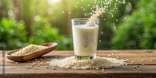 Rice falling into a glass full of rice milk , rice, glass, milk, falling, organic, healthy, food, ingredient, pouring, white, grain, natural, vegetarian, vegan, dairy-free, plant-based