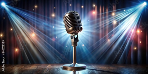 Vintage microphone standing on stage under the spotlight , retro, music, performance, entertainment, sound, classic, nostalgia, old-fashioned, stage, spotlight, antique, elegance