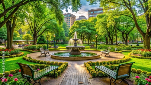 A serene park in the heart of the city, featuring lush greenery, benches, and a central fountain , urban, downtown, recreation, peaceful, nature, trees, benches, fountain, city center