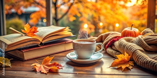 Cozy autumn reading setup at a cafe with warm drinks and books , cafe, autumn, reading, books, cozy, ambiance, hot beverages, fall, relaxation, seasonal, table setting, warm colors, leisure