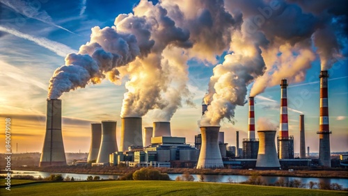 A power plant with smoking chimneys emitting pollution into the sky , industrial, impact, environment, pollution