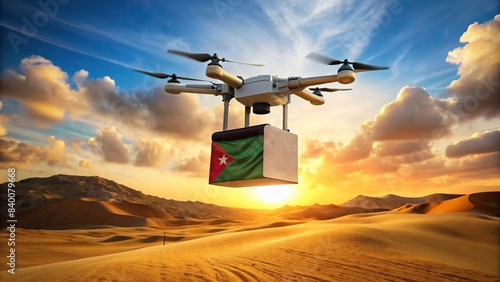 Drone with Libyan flag delivering package in a desert landscape, Drone, Libyan flag, package delivery, technology, innovation, aerial view, transportation, remote control, unmanned, flying