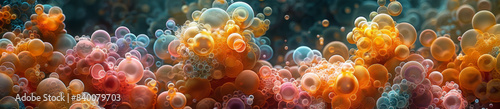 A myriad of vibrant bubbles float in the water near a reef