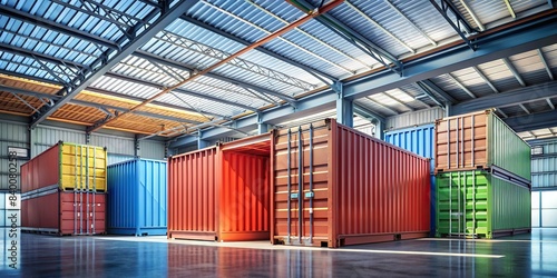 Cargo containers in hangar, depicting warehouse logistics concept for freight transport in an empty industrial building, cargo containers, hangar, warehouse, logistics