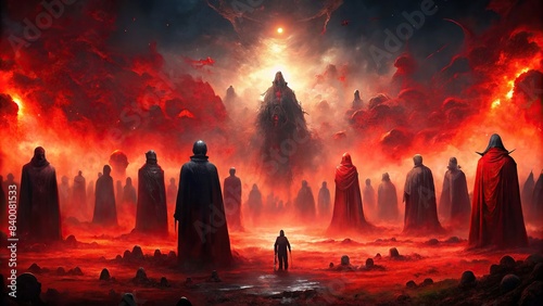 Dark ghostly souls gathered in hell with red horizon floating silhouettes, dark, ghostly, souls, hell, red, horizon, floating, silhouettes, eerie, spooky, ethereal, creepy, supernatural