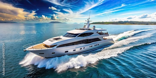 Luxury motor yacht cruising on the open ocean, yacht, luxury, boat, ocean, sea, water, travel, adventure, lifestyle, nautical, vacation, elegant, peaceful, relaxation, serene, expensive