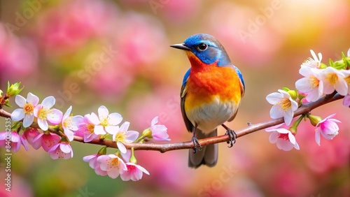 Beautiful bird perched on a blooming branch, bird, branch, flowers, nature, wildlife, beauty, colorful, plumage, songbird