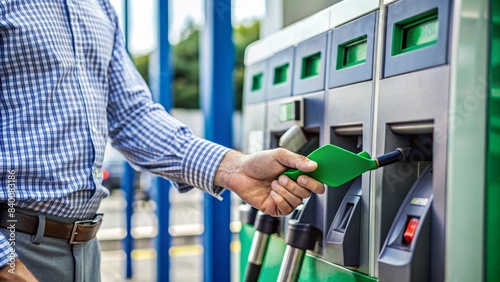Man hand using credit card to pay for fuel at self-service filling station in Europe