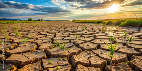 Cracked dry soil in a field affected by drought , Drought, crop failure, cracked ground, dry earth, agriculture, arid, climate change, disaster, famine, global warming, harvest