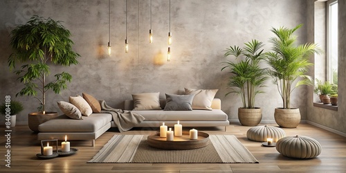Minimalist Zen interior with candles, plants and pillows in neutral colors, Zen, minimalist, interior, candles, plants, pillows, neutral, colors, calm, peaceful, serene, decor, relaxing