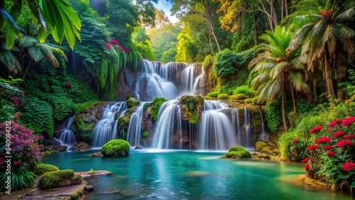 A serene waterfall cascading into a lush, exotic habitat filled with vibrant vegetation and natural colors, waterfall, lush, exotic, habitat, vegetation, natural colors, serene, peaceful