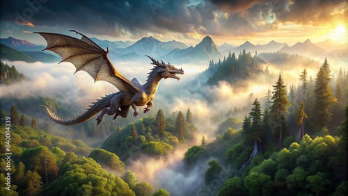 Majestic dragon flying over a misty forest , fantasy, mythical creature, wings, scale, fire-breathing, magical, creature, flying, forest, misty, majestic, powerful, legendary, beast, sky