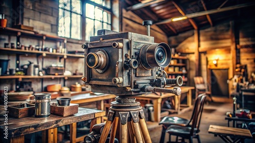 Classic cinema camera in vintage workshop setting, showcasing detailed construction, cinema, camera, vintage, workshop, construction, retro, film, equipment, industrial, machinery, technology
