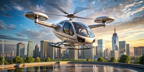 Futuristic concept of an unmanned aerial taxi taking off for a client , air taxi, pilotless, passenger, futuristic, drone, transportation, technology, urban, cityscape, innovation, aerial