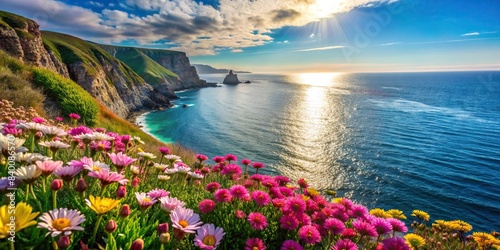 Beautiful flowers blooming on a coastal cliff overlooking a calm sea background , flowers, coastal, cliff, sea, calm, nature, beauty, landscape, scenic, tranquil, coastal flora, colorful