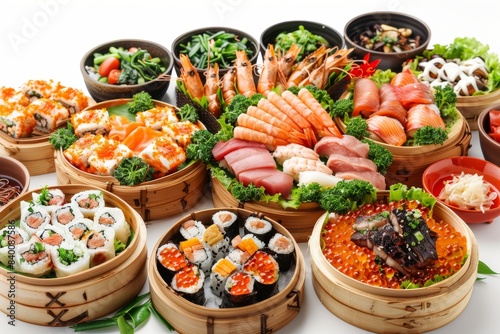 Delicious sushi and sashimi variety in traditional bamboo steamer, vibrant colors, fresh ingredients, authentic Japanese cuisine, perfect for gourmet food lovers