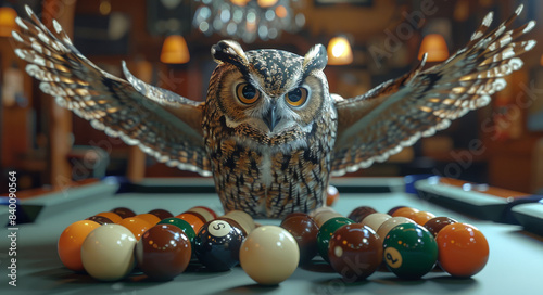 An owl perches gracefully atop a billiard table, its wings elegantly spread in mid-flight motion. Colorful billiard balls swirl dynamically around the owl. Generative AI.