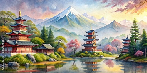 Watercolor of a serene Japanese-inspired landscape with pagodas and mountains , watercolor,Japanese, landscape, pagoda, mountains, traditional, art, nature, peaceful, tranquil, scenery