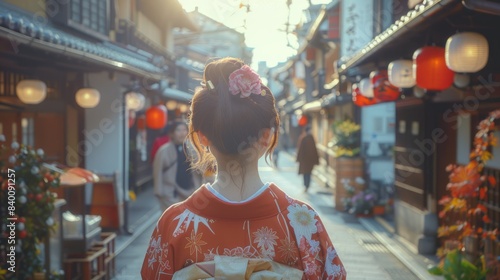 Rear view. A young woman walking through the streets of Kyoto. Generative AI.