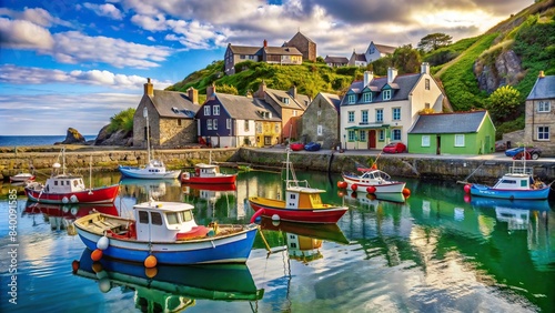 Picturesque coastal village with colorful fishing boats in sheltered harbor and quaint cottages on rocky shoreline, capturing timeless charm, coastal, village, cliffs, fishing boats, harbor