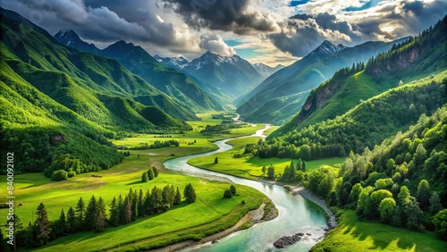 Lush green mountain landscape with winding river, mountains, river, green, nature, peaceful, serene, scenic, countryside, tranquility, trees, hills, valley, meadows, landscape, outdoor