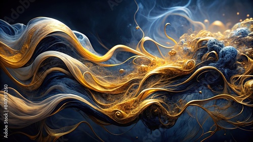 Golden tendrils flowing through a surreal canvas of black and indigo , abstract, art, background, vibrant, texture, luxury, elegant, shiny, shimmering, metallic, decorative, design, gold