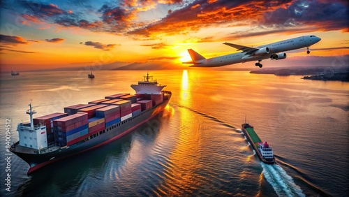 Aerial view of cargo ship at sunset with airplane flying above , global trade, transportation, logistics, shipping industry, freight, airplane, sunset, sky, clouds, vibrant