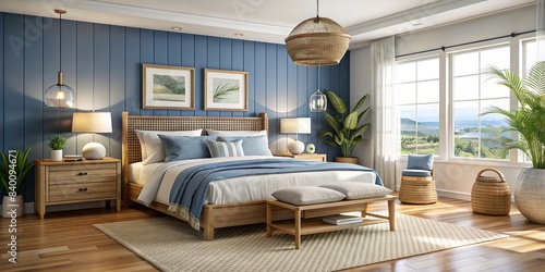 Modern coastal bedroom interior with blue and white color scheme, natural wood accents, rattan furniture, and ocean-inspired decor , coastal, modern, bedroom, interior design, blue