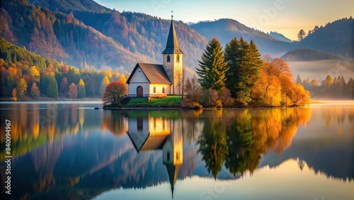 Lonely church standing in the middle of a tranquil lake surrounded by nature , church, lake, reflection, serene, peaceful, landscape, water, isolated, scenic, picturesque, remote, tranquil