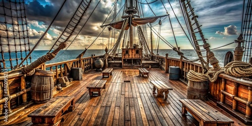 Empty pirate ship deck background with tattered sails , pirates, ship, deck, background, theater, stage, scene, empty, deserted, wooden, planks, rigging, sea, ocean, adventure, treasure