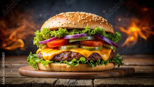 Delicious cheeseburger with dripping cheese and fresh toppings for fast-food chain ad, cheeseburger, fast food, dripping cheese, tasty, fresh, hamburger, juicy, savory, bun, lettuce, tomato