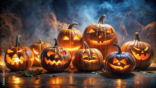Spooky Halloween jack o lantern pumpkins with creepy faces on a dark background, Halloween, pumpkins, jack o lantern, spooky, creepy, orange, autumn, fall, decoration, festive, holiday