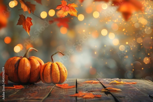 Celebrate the spirit of fall with a display featuring pumpkins and leaves on a wood table, backdropped by blurred lights. Ideal for product showcases, imbibing an autumn festival feel.