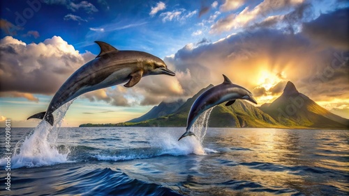 Two dolphins gracefully leaping above the ocean near a majestic peak, dolphins, leaping, ocean, majestic, peak, wildlife, animals, nature, water, marine life, beauty, scenic, wild, freedom