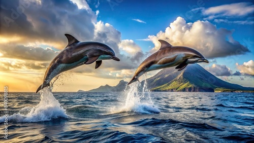Two dolphins gracefully leaping above the ocean near a majestic peak, dolphins, leaping, ocean, majestic, peak, wildlife, animals, nature, water, marine life, beauty, scenic, wild, freedom