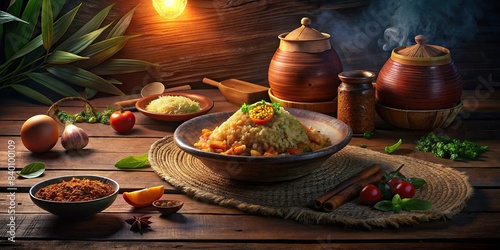 Traditional Indonesian Nasi Goreng dish with ingredients displayed on wooden table , Indonesian food, fried rice, kecap manis, spices, shallots, garlic, chili, shrimp paste, tamarin